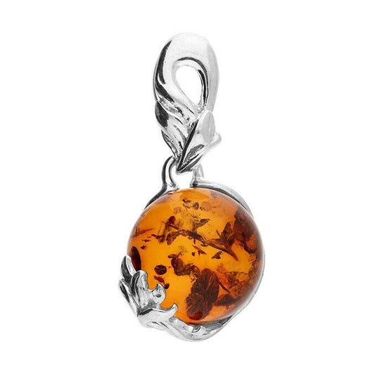 Cognac Amber Leaf Design Pendant and Chain Solid Sterling Silver 925