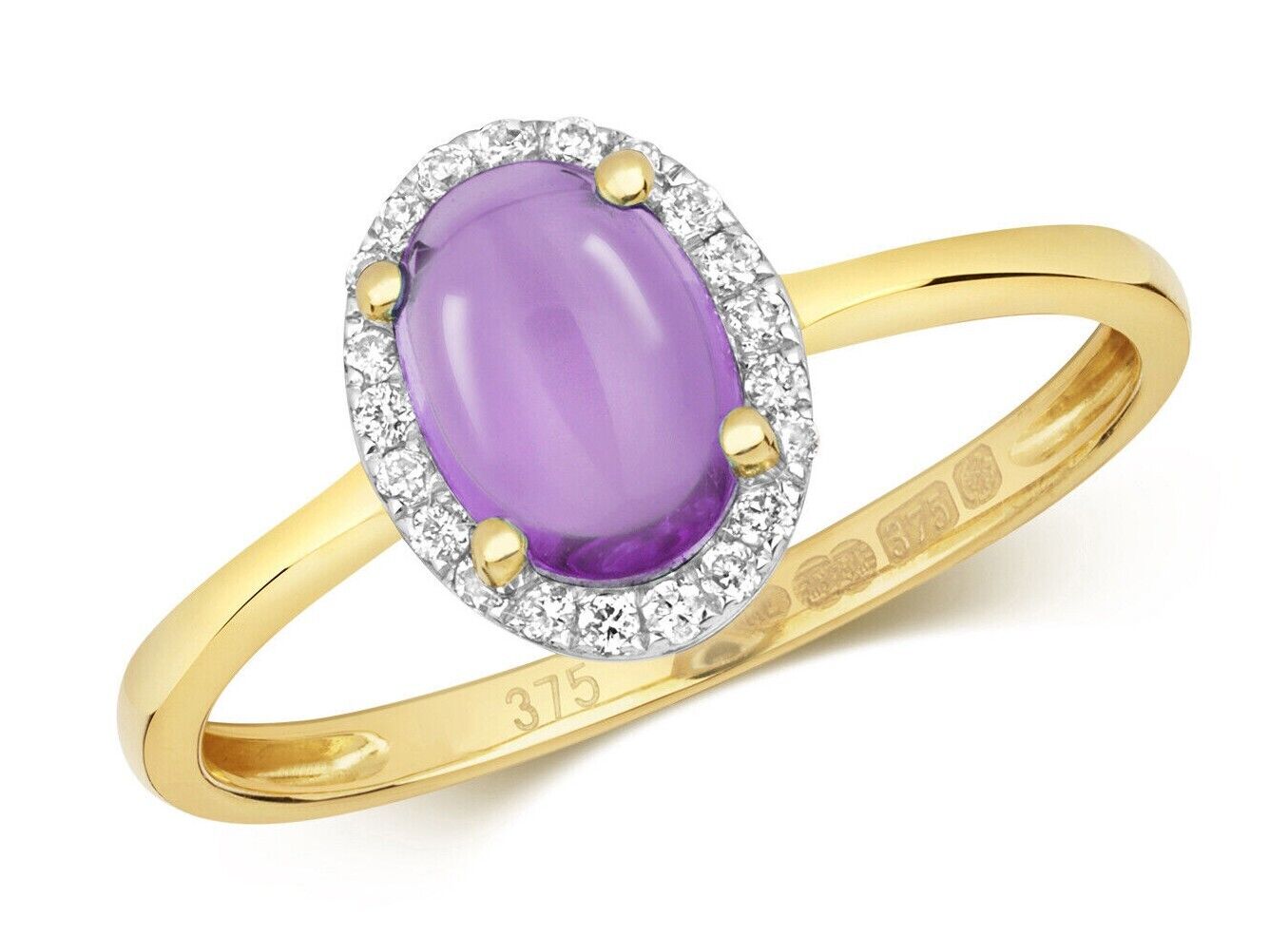 Real Amethyst Cabochon and Diamond Ring Solid Yellow Gold Oval Cluster Size J-Q