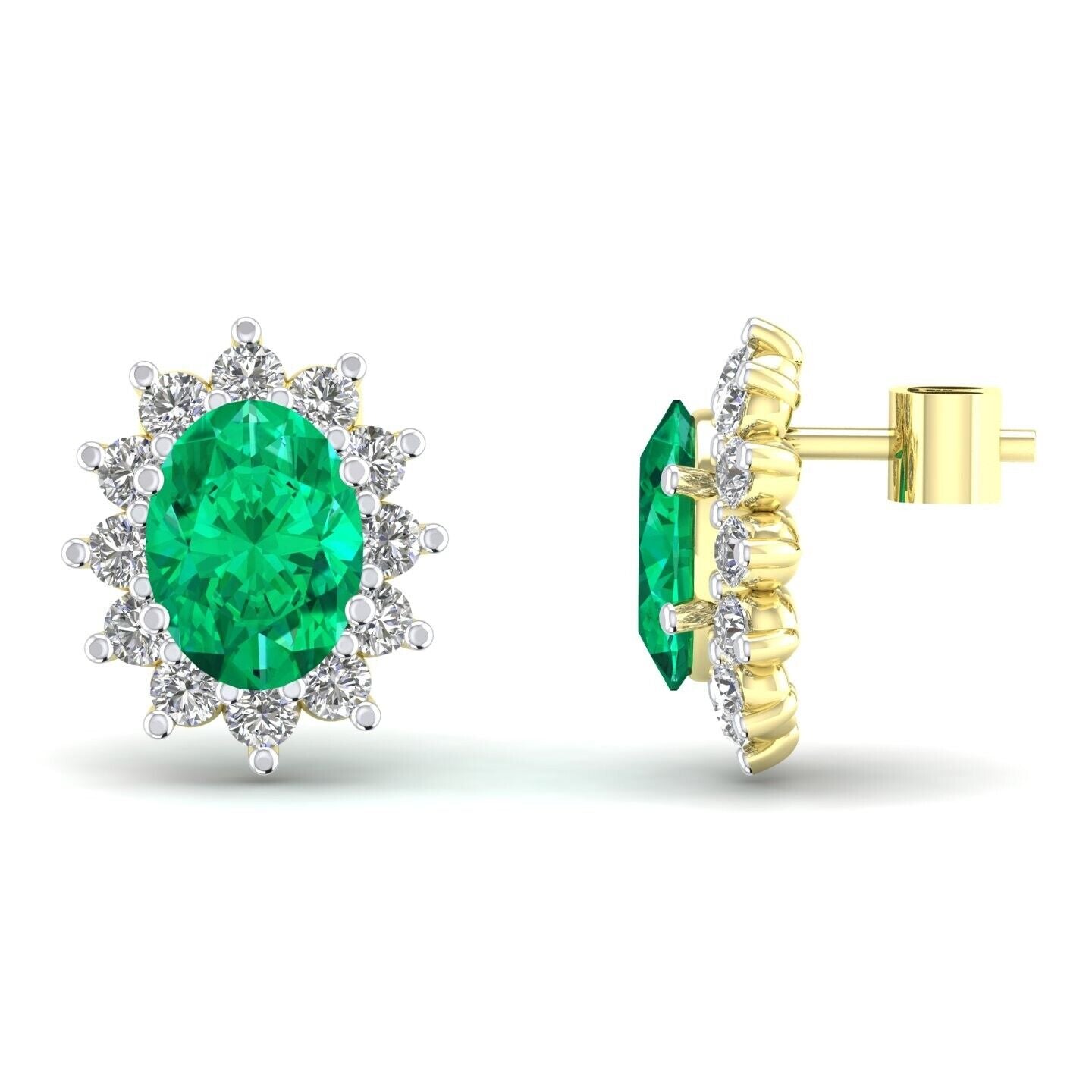 Emerald Oval Cluster Stud Earrings Solid 9ct Yellow Gold Claw Set Hallmarked