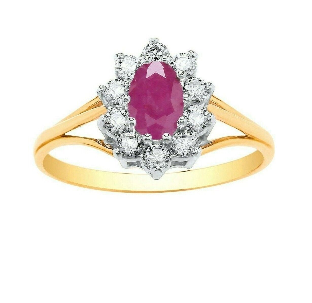 9ct Yellow Gold Ruby Ring Cluster Engagement Dress Fully Hallmarked