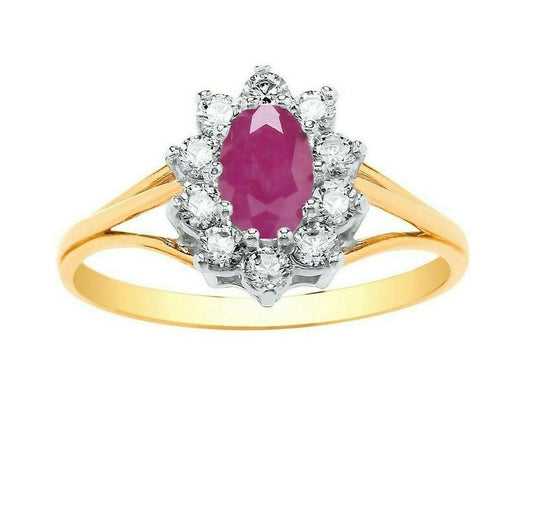 9ct Yellow Gold Ruby Ring Cluster Engagement Dress Fully Hallmarked