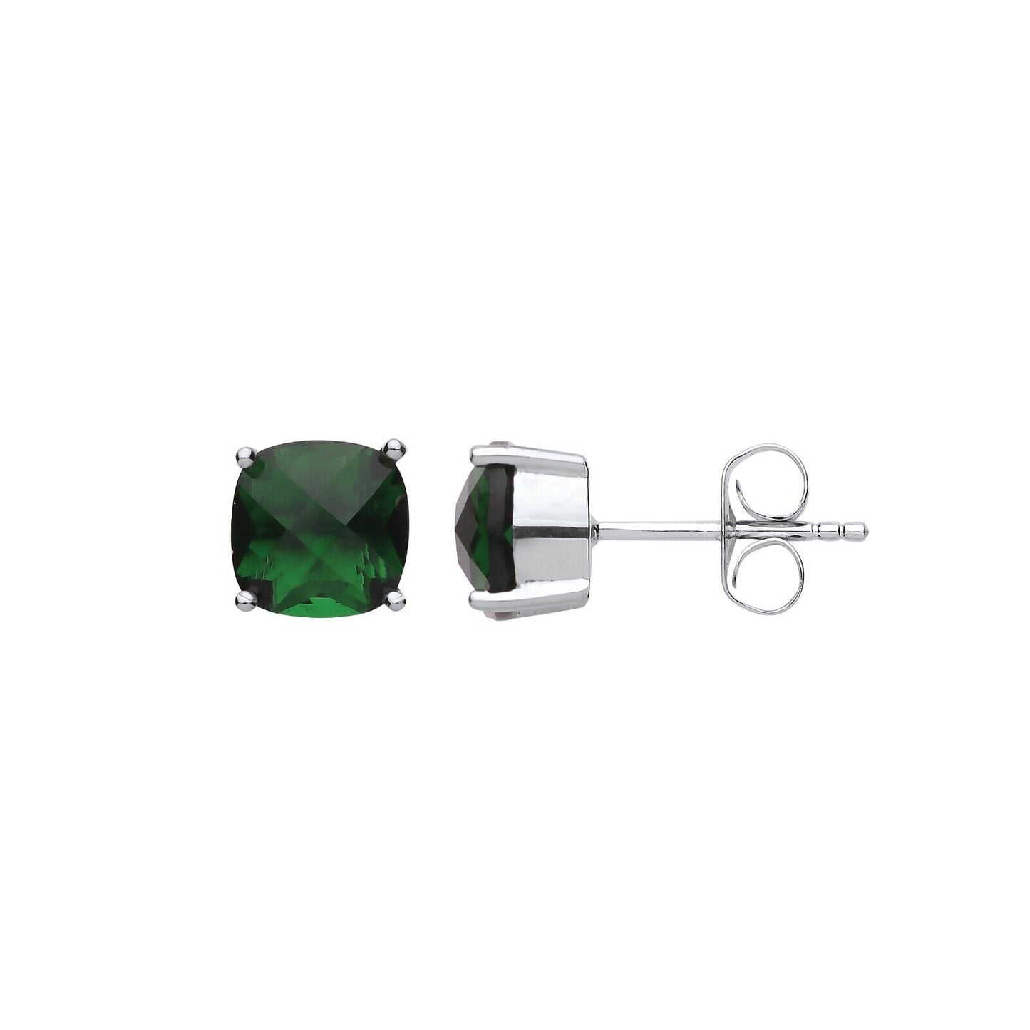 Emerald Cushion Solitaire Earrings Sterling Silver Rhodium Plate 925 Hallmark