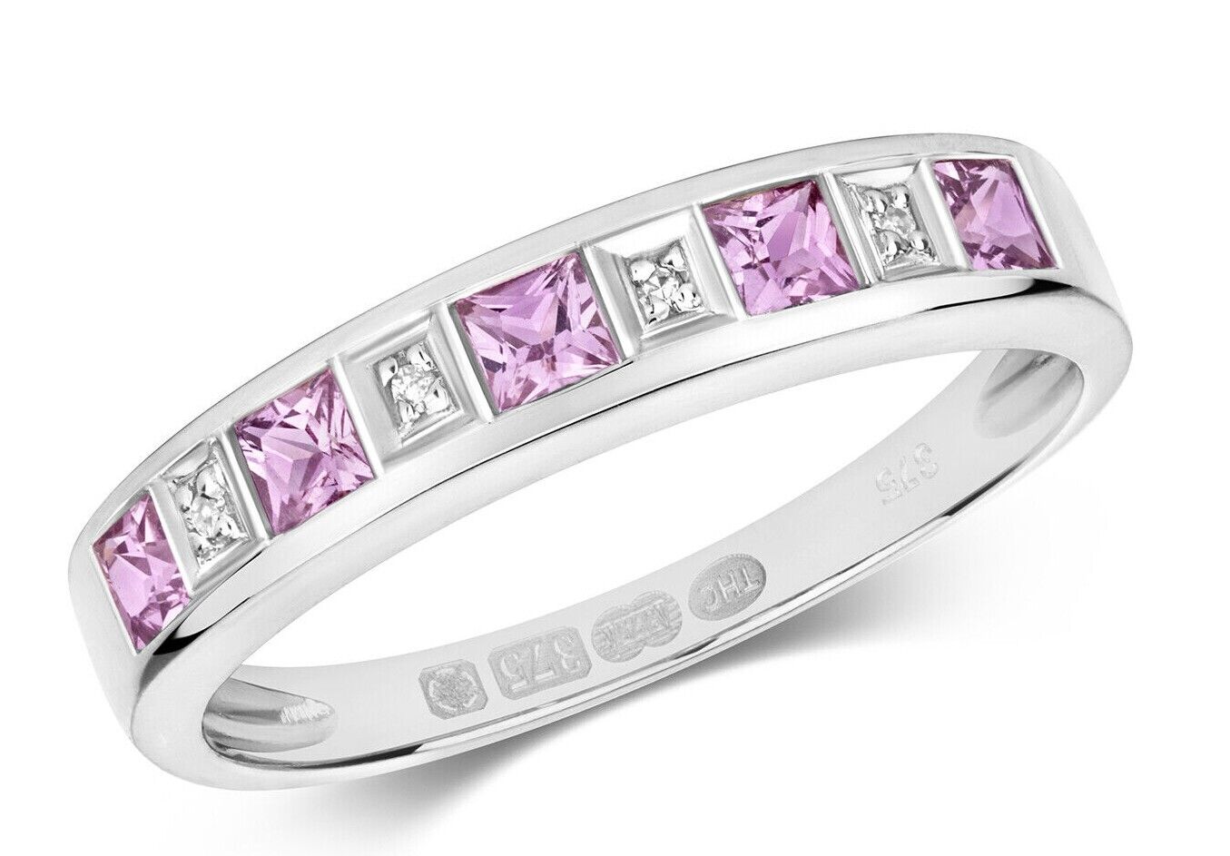 9ct White Gold Pink Sapphire and Diamond Eternity Ring Anniversary Band Size J-Q