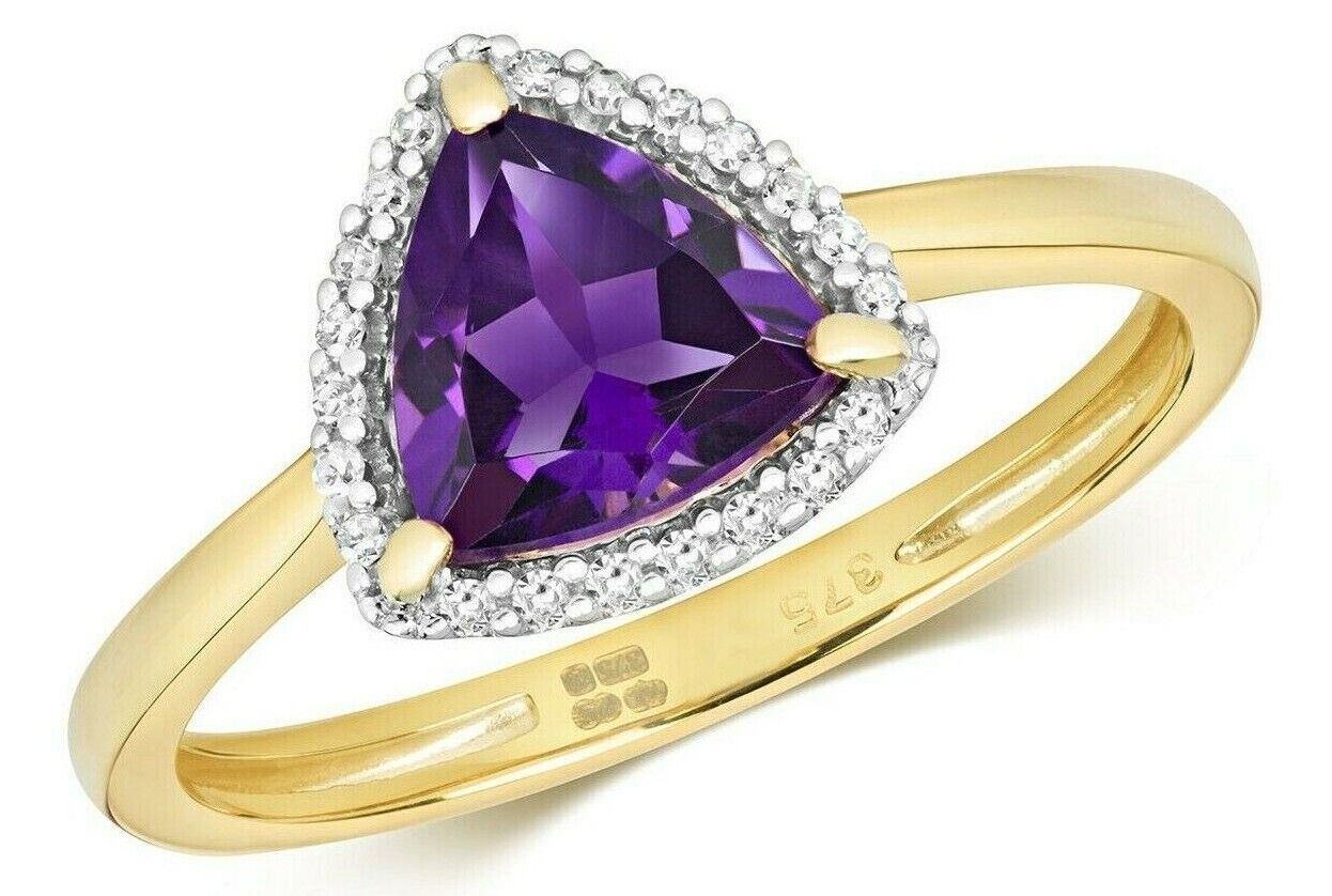 Real Amethyst and Diamond Ring Solid Yellow Gold Trillion Cluster Size J - Q