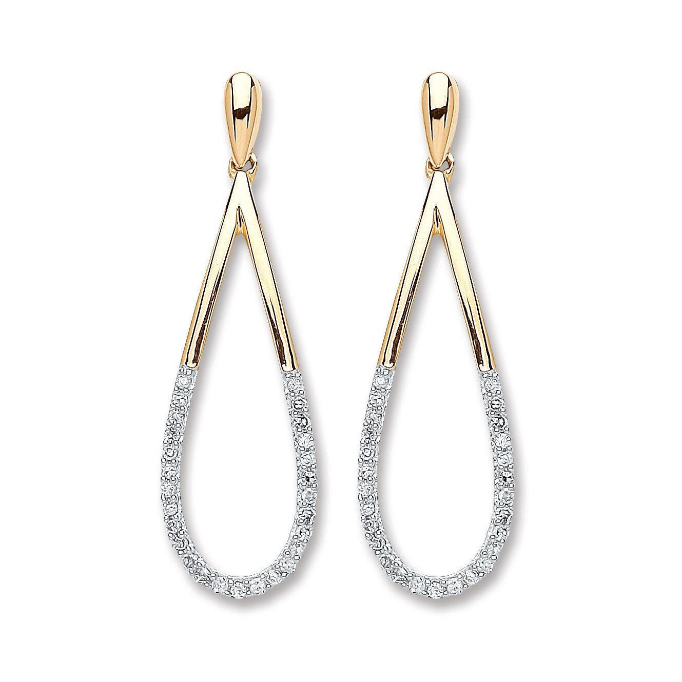 9ct Yellow Gold Pear Drop 0.15ct Diamond Earrings 28mm Length Hallmarked