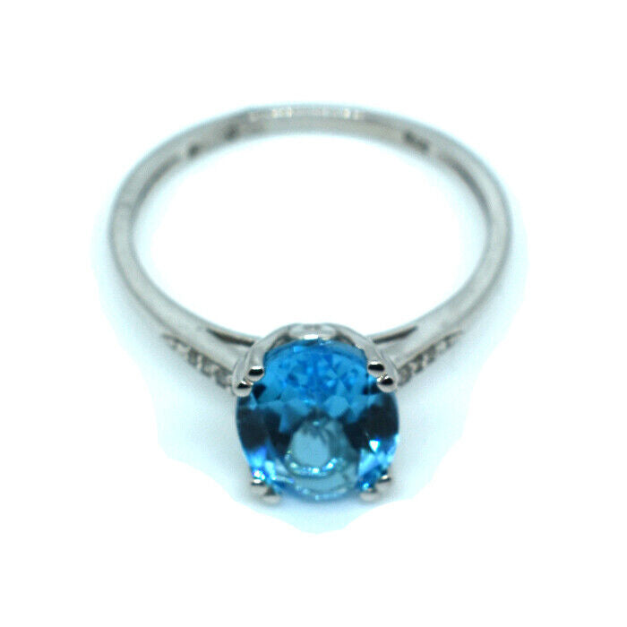 Blue Topaz and Diamond Solitaire Ring Solid White Gold Large Oval 10 x 8mm