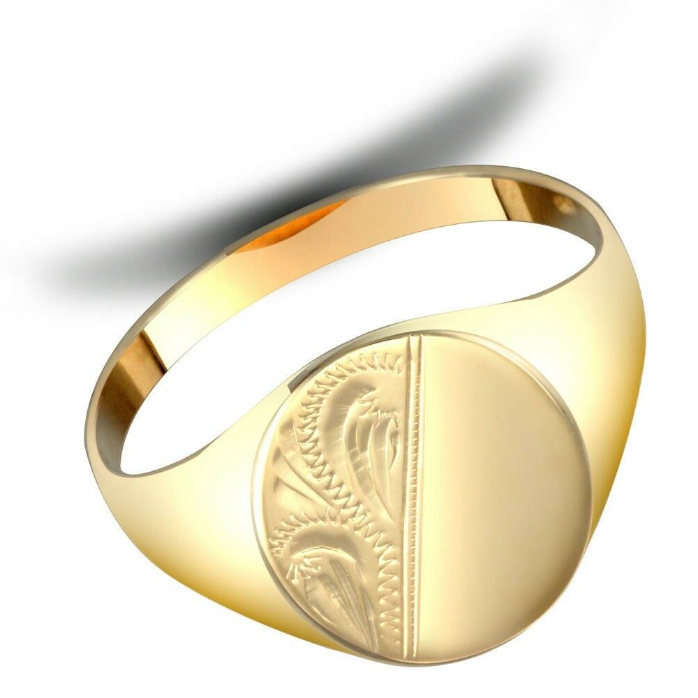 9ct Yellow Gold Gents Oval Siget Ring Half Engraved Fully Hallmarked