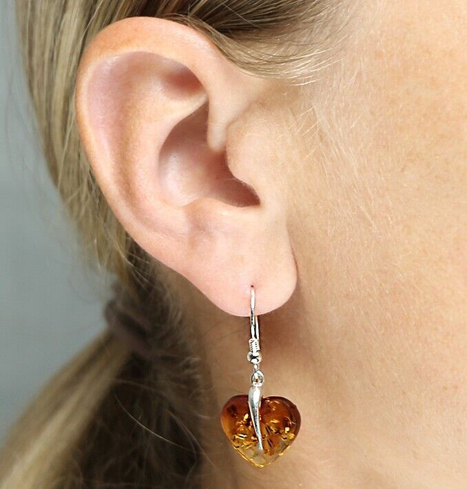 Ombre Amber Large Heart Pendant and Earrings Set Solid Sterling Silver 925