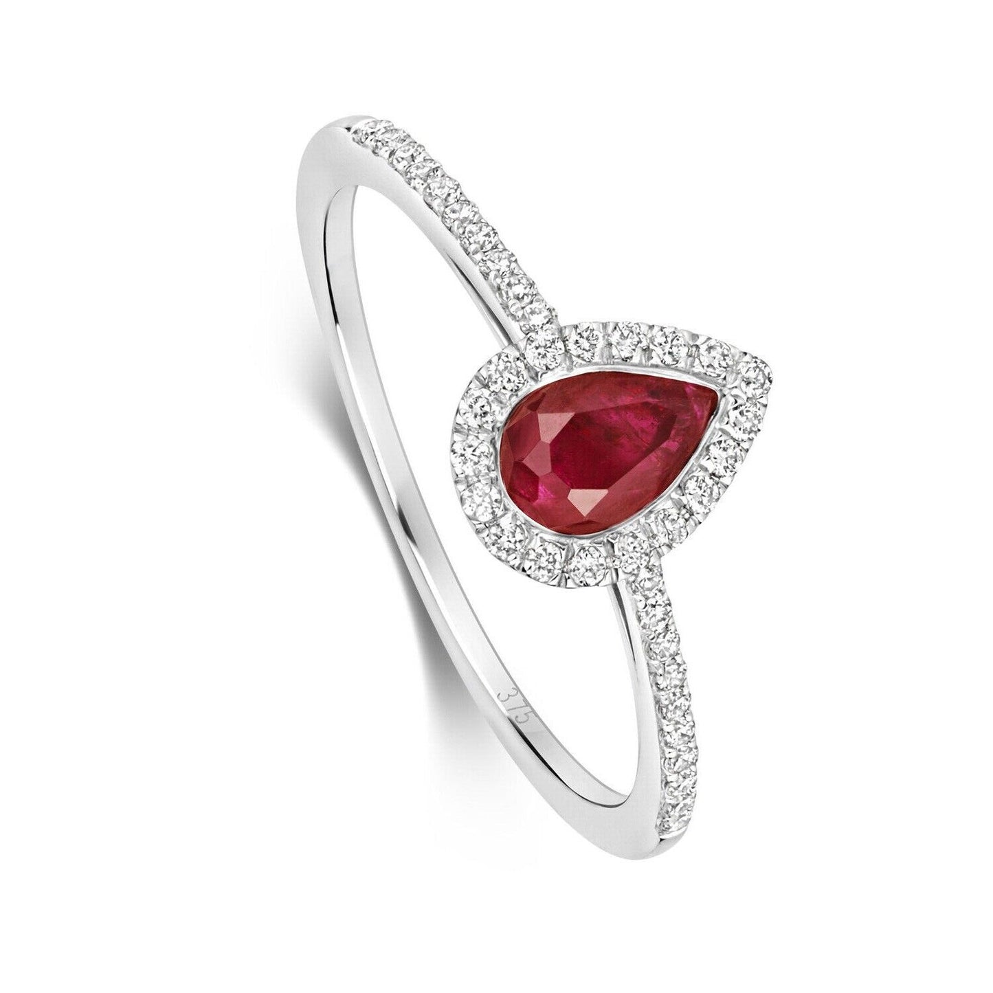 Real Ruby and Diamond Pear Ring 9ct White Gold Teardrop Cluster Size J - Q