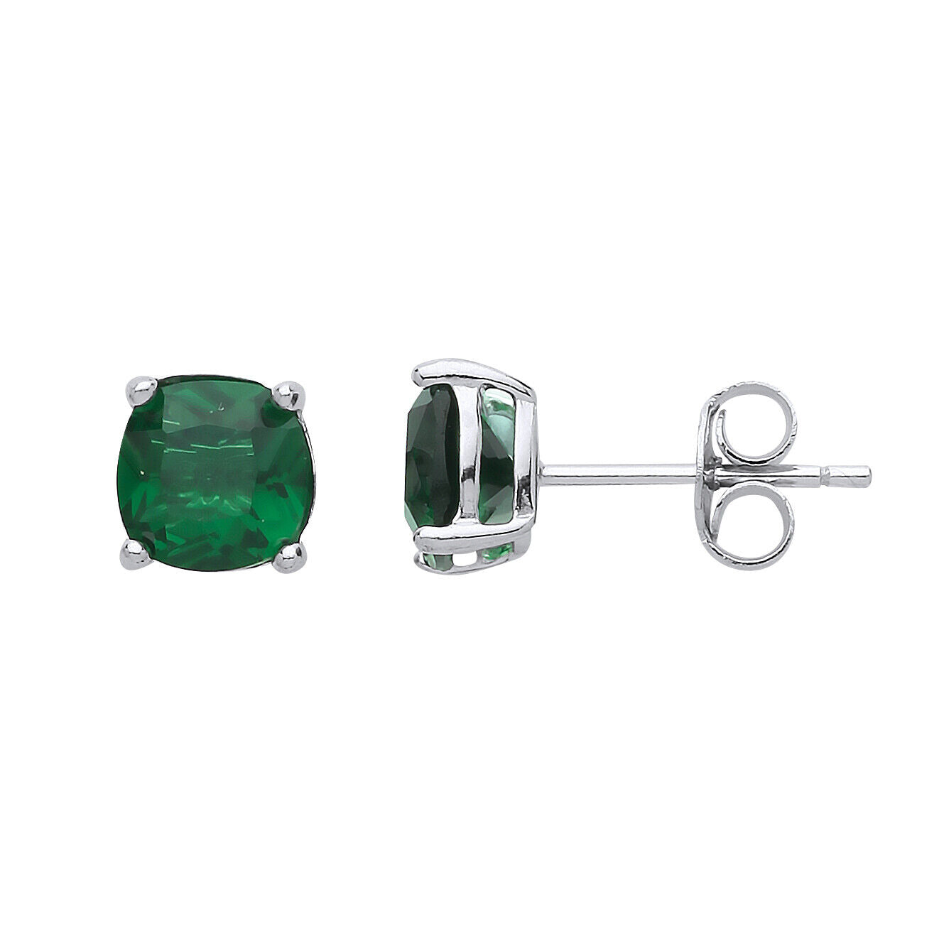Emerald Cushion Stud Earrings Sterling Silver Rhodium Plated 925 Hallmark 6mm