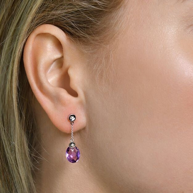 Amethyst and Diamond Drop Earrings Solid 9ct White Gold 28.6mm Length