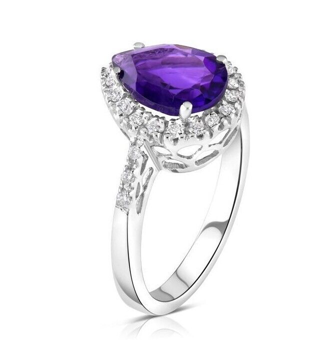9ct White Gold 0.18ct Diamond and 1.60ct Amethyst Ring Pear Teardrop Size K - Q