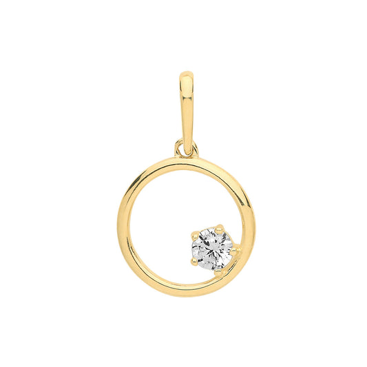 Solitaire in Circle Pendant Yellow Gold 20mm x 14mm British Made