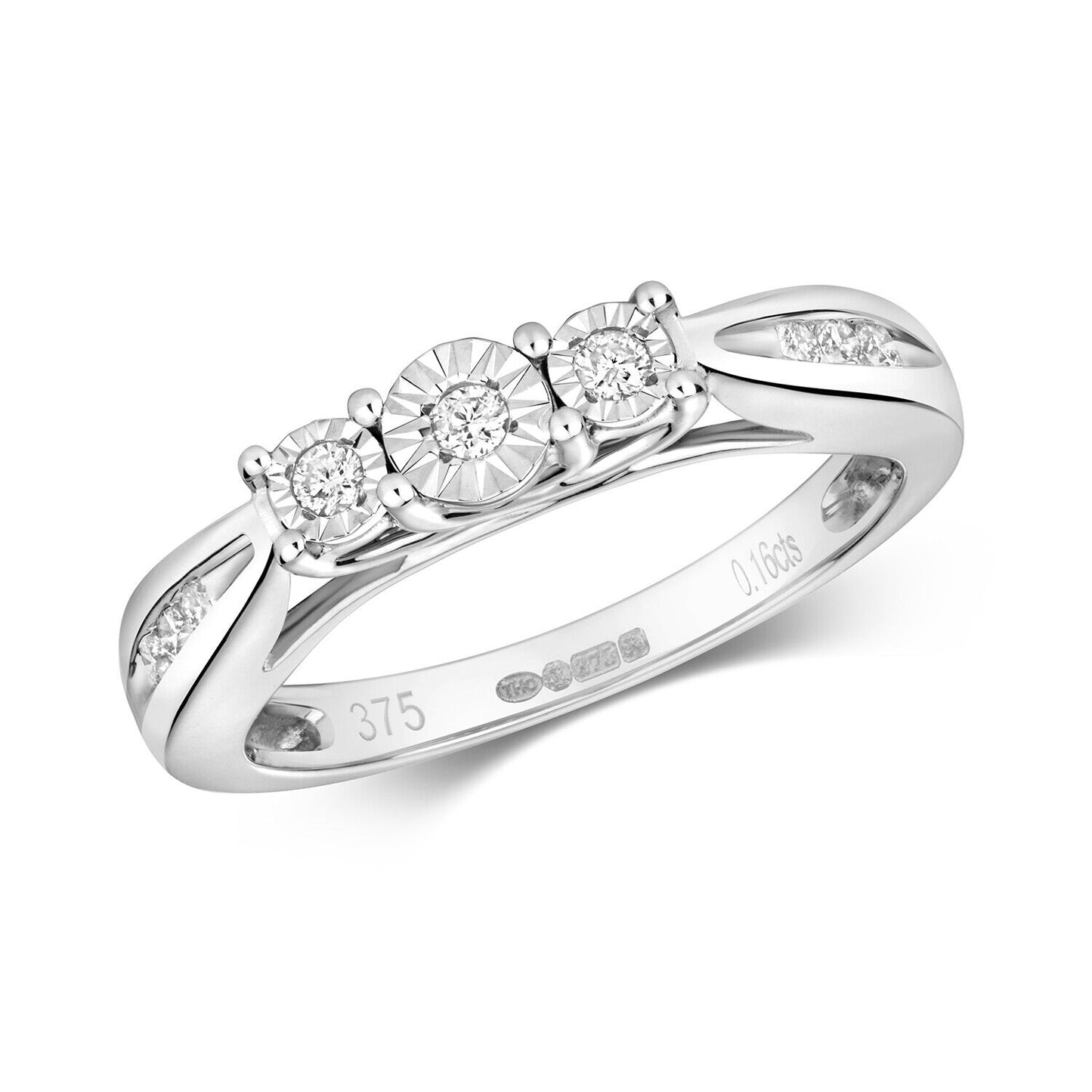 Real Diamond Three Stone Ring 9ct White Gold Trilogy Size J K L M N O P Q