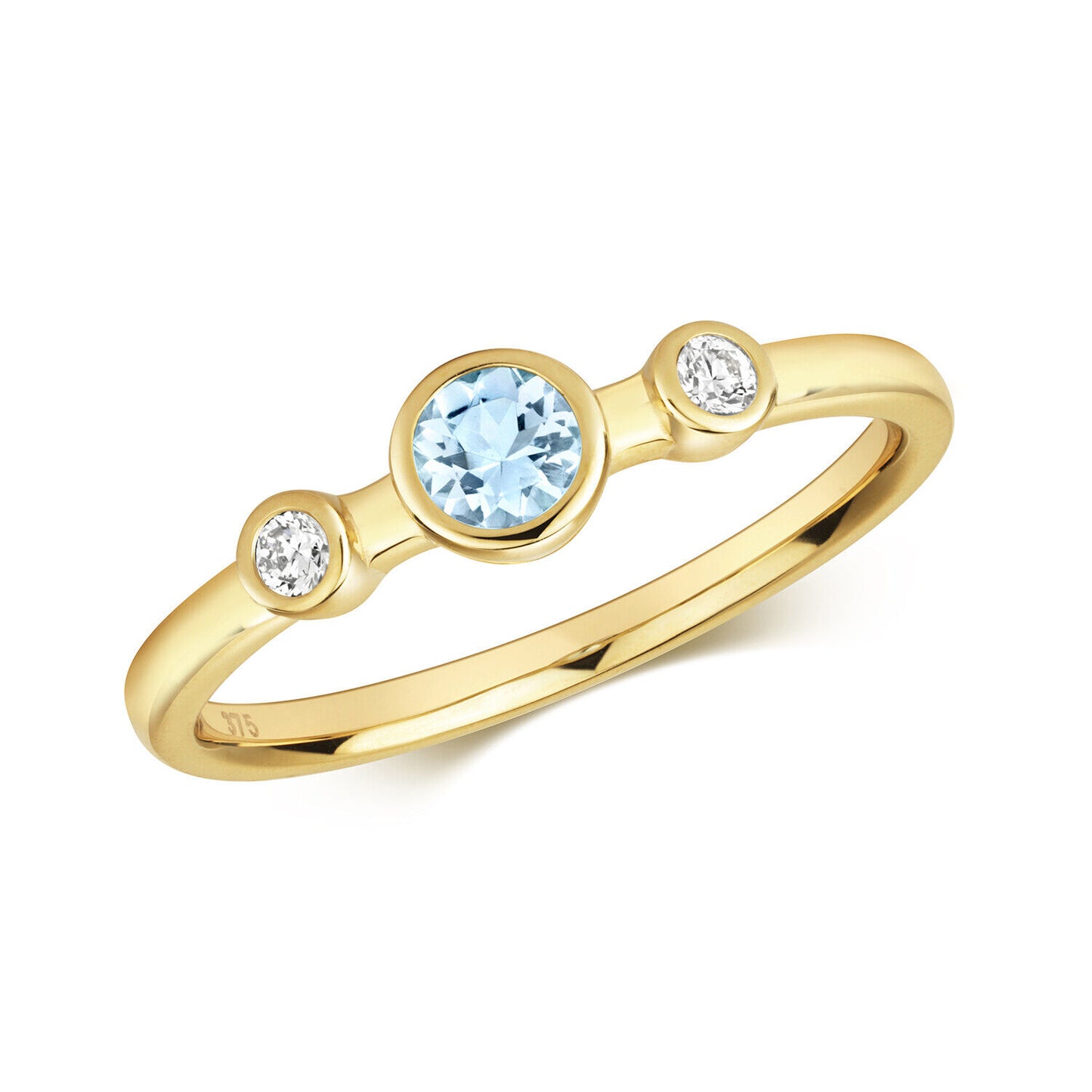 9ct yellow Gold Aquamarine and Diamond Ring Three Stone Trilogy Size J - Q