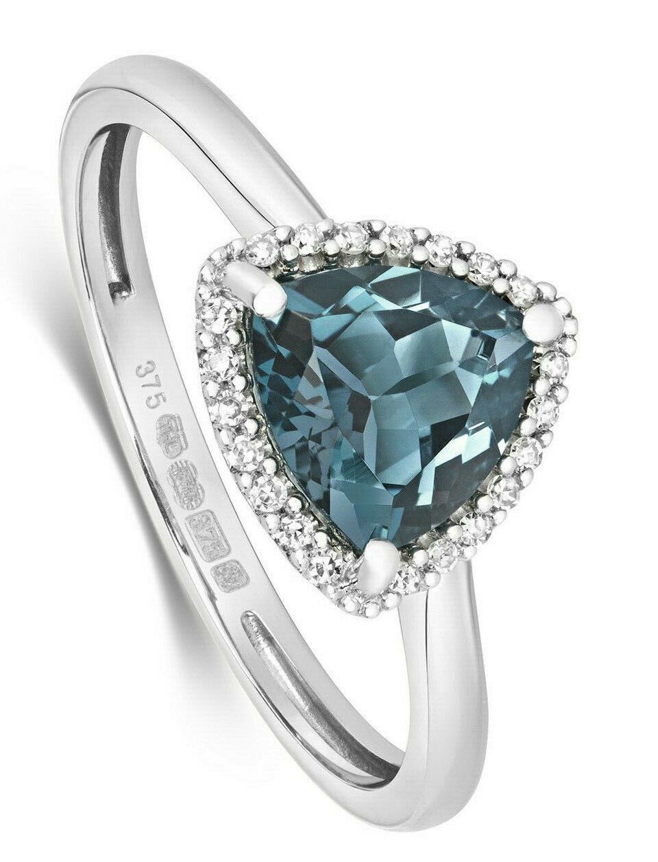 Real London Blue Topaz and Diamond Ring Solid White Gold Trillion Triangle