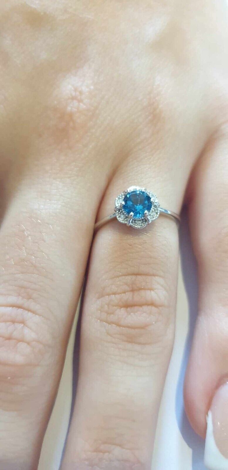 Real London Blue Topaz and Diamond Ring Solid White Gold Round Cluster Size J-Q