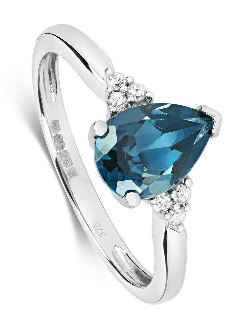 9ct White Gold London Blue Topaz and Diamond Ring Pear Solitaire Size J - Q
