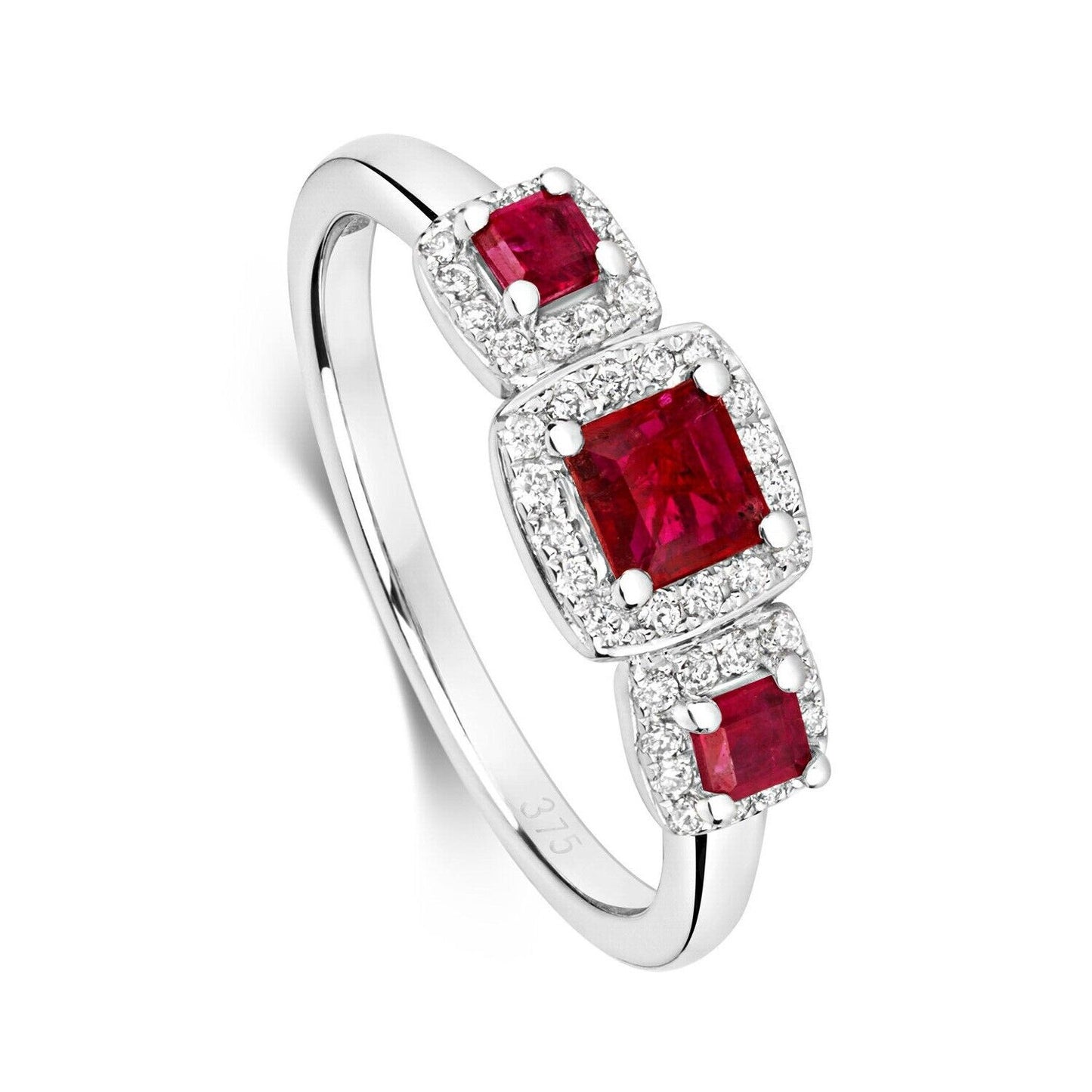 Real Ruby and Diamond Ring 9ct White Gold Three Stone Trilogy Square Cluster