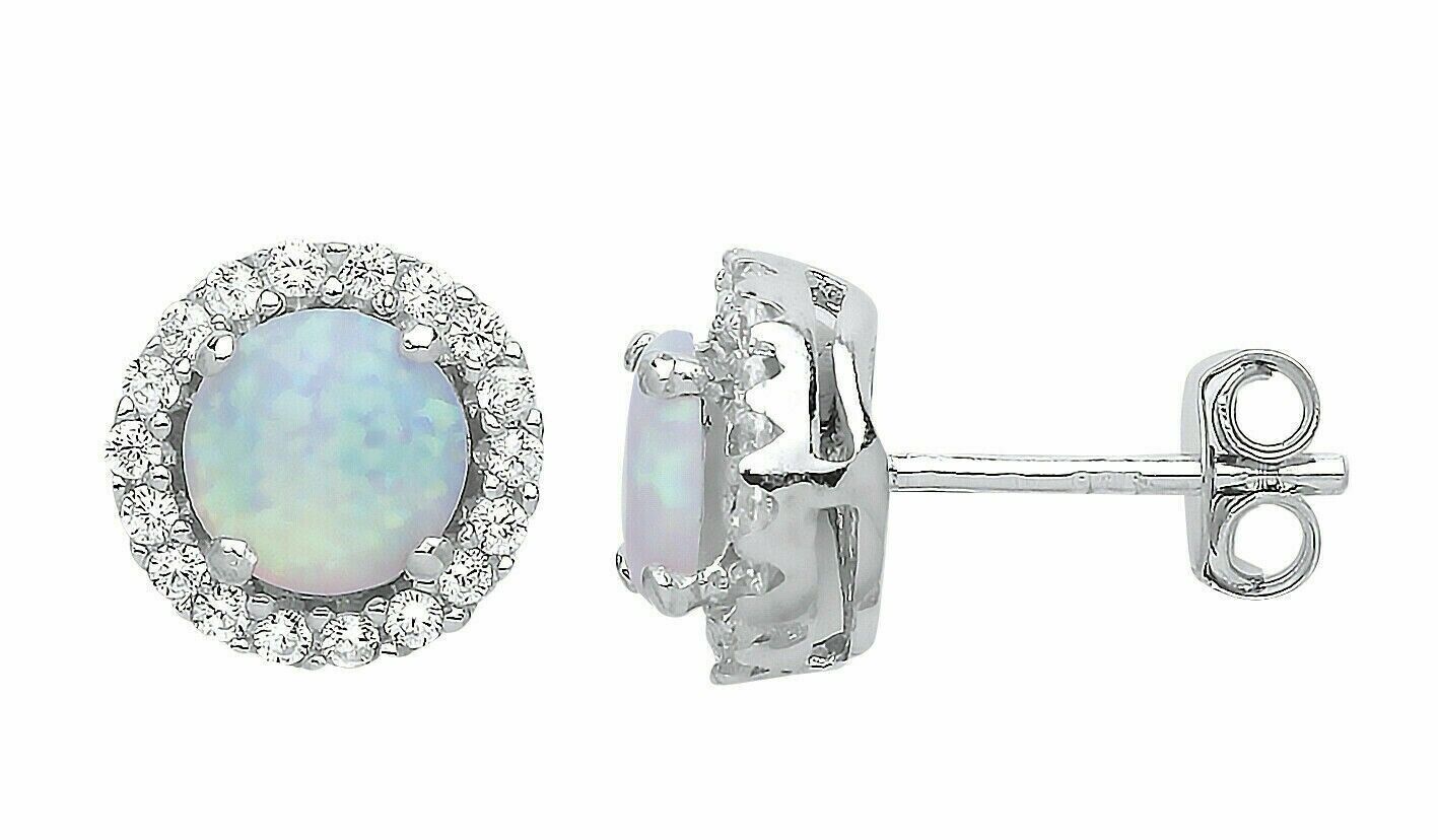 Opal Halo Stud Earrings Solid Sterling Silver Rhodium Plated 925 Hallmark