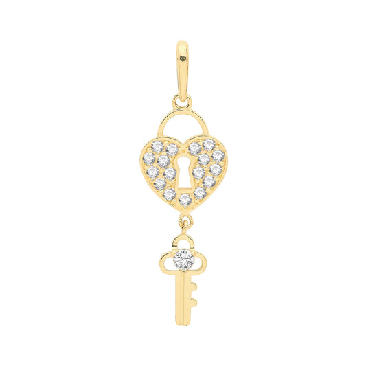 Heart & Key Pendant Yellow Gold 37mm x 11mm British Made.