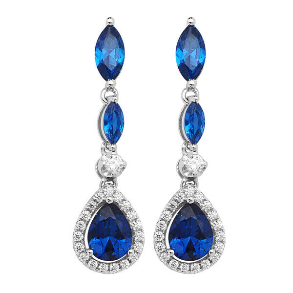 Sapphire Pear Drop Earrings Sterling Silver Rhodium British Made 925 Hallmark