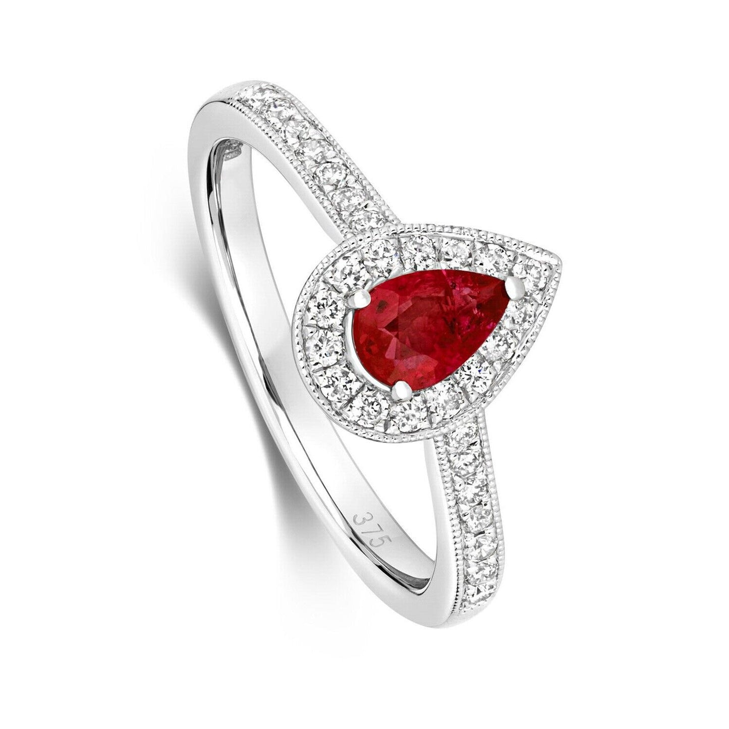 Real Ruby and Diamond Ring 9ct White Gold Pear Cluster Halo Engagement