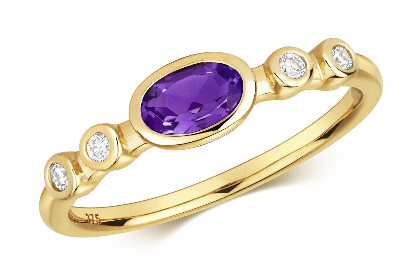 Real Amethyst Oval Solitaire and Diamond Ring Solid Yellow Gold Size J - Q