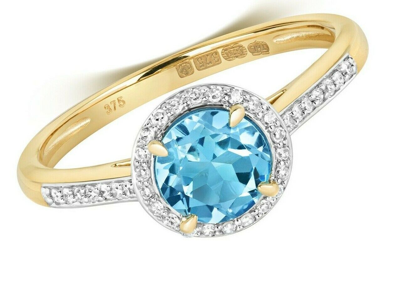 Real Swiss Blue Topaz and Diamond Ring Yellow Gold Engagement Size J - Q