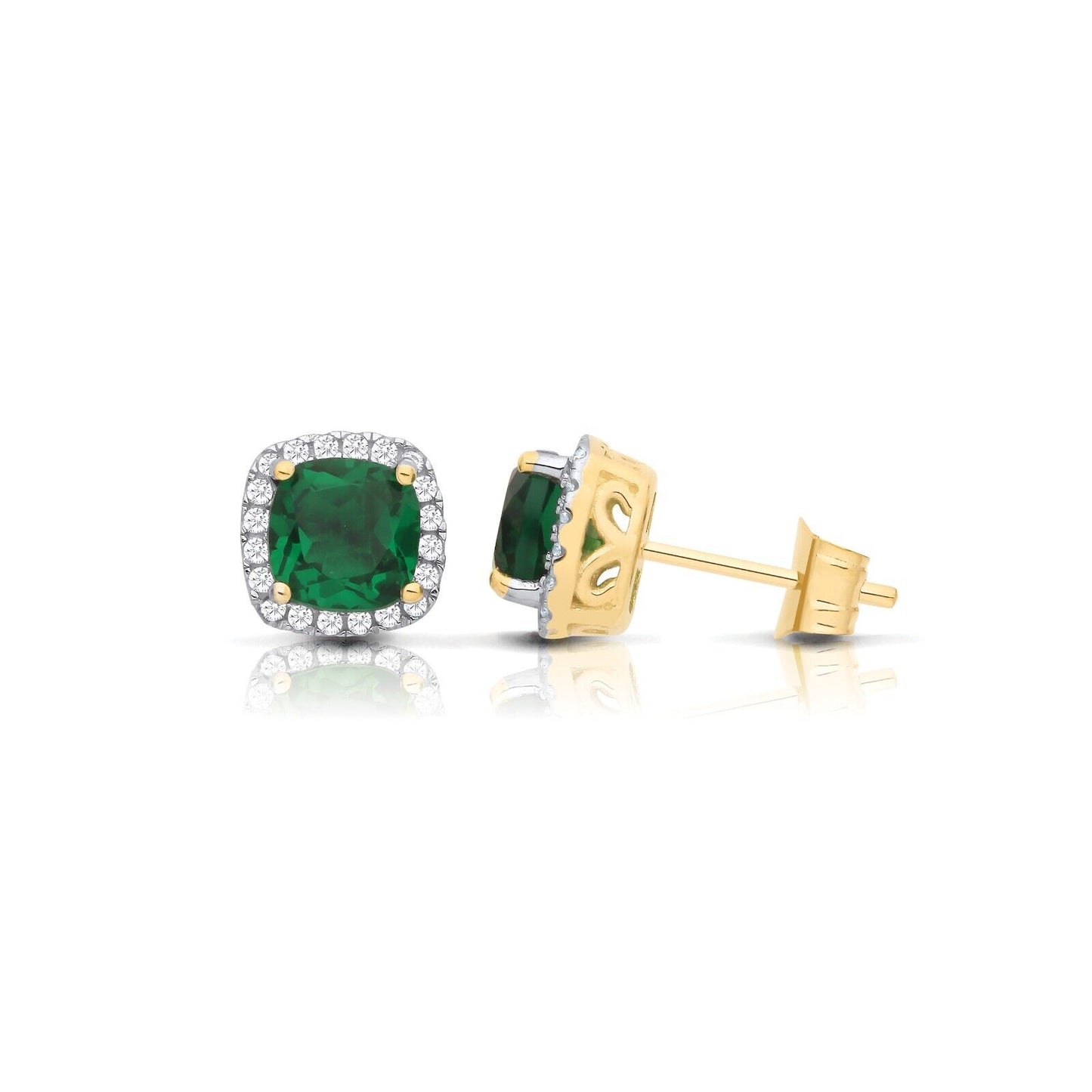 Emerald Cushion Cluster Stud Earrings Solid 9ct Yellow Gold Hallmarked
