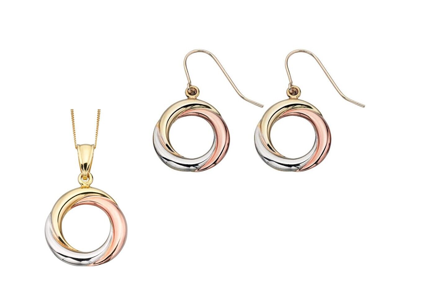 Open Circle Pendant and Earrings Set 9ct Three Colour Gold 16, 18 or 20" Chain