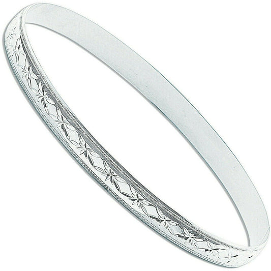 Sterling Silver 6mm Diamond Cut D-Shaped Slave Bangle