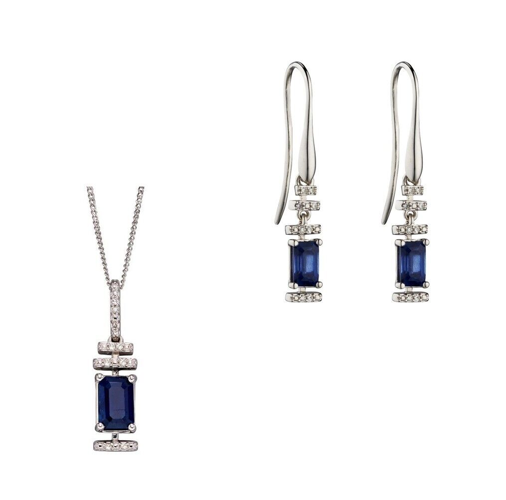 9ct White Gold Sapphire and Diamond Deco Pendant Earrings Set 16 18 or 20" Chain