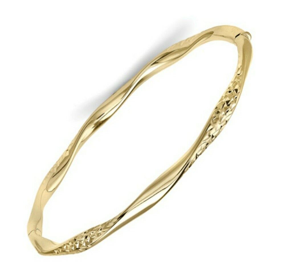 Yellow Gold Twist Bangle Hinged Diamond Cut Hallmarked British Made Bracelet