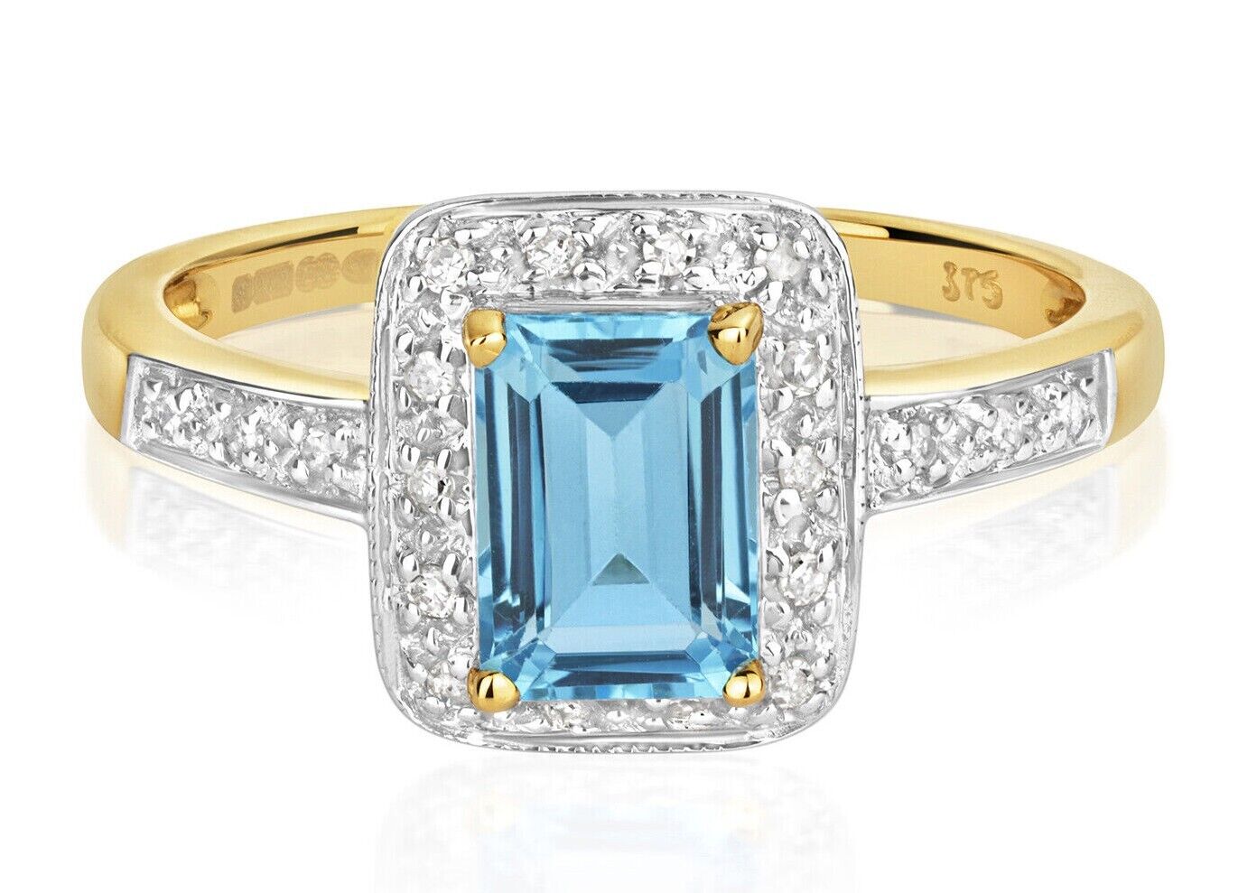 Real Blue Topaz and Diamond Ring Emerald Cut Solid Yellow Gold Engagement
