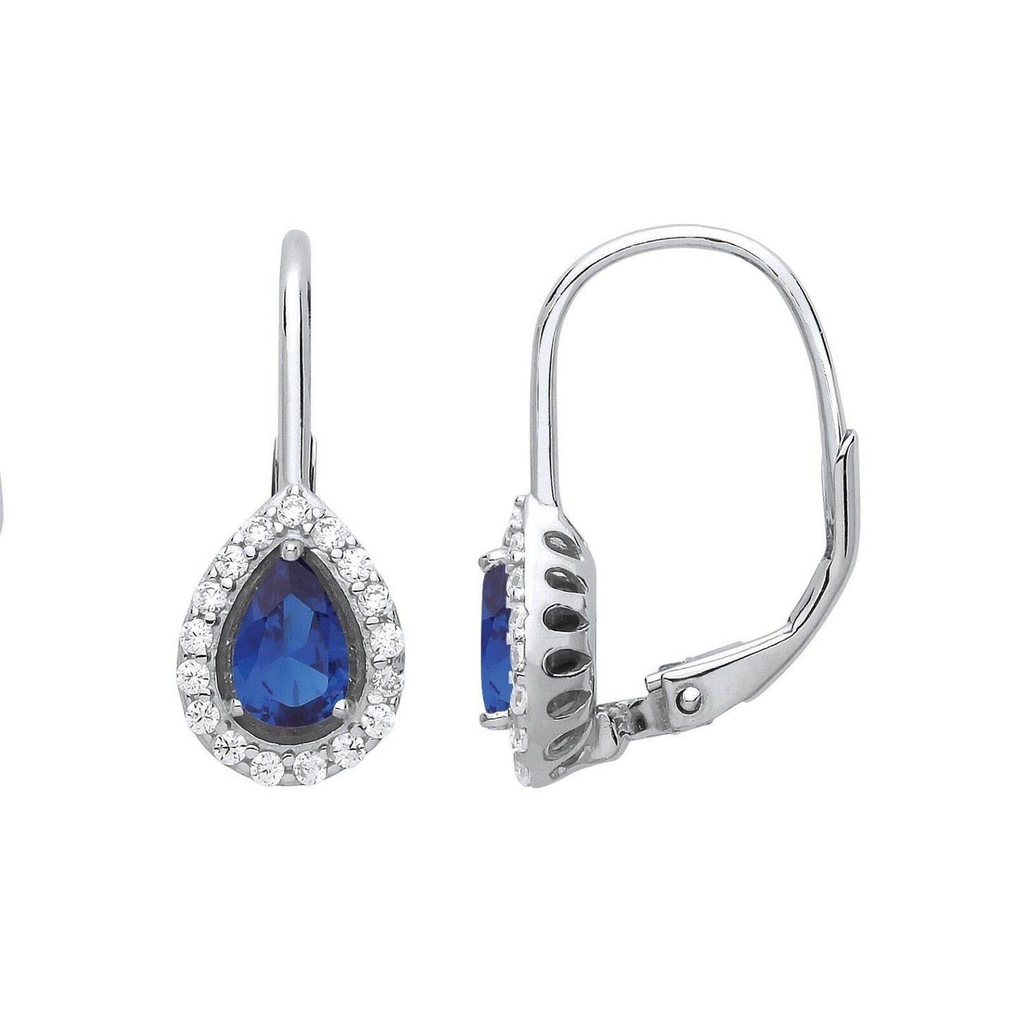 Sapphire Pear Hoop Drop Earrings Sterling Silver Rhodium Plate 925 Hallmark