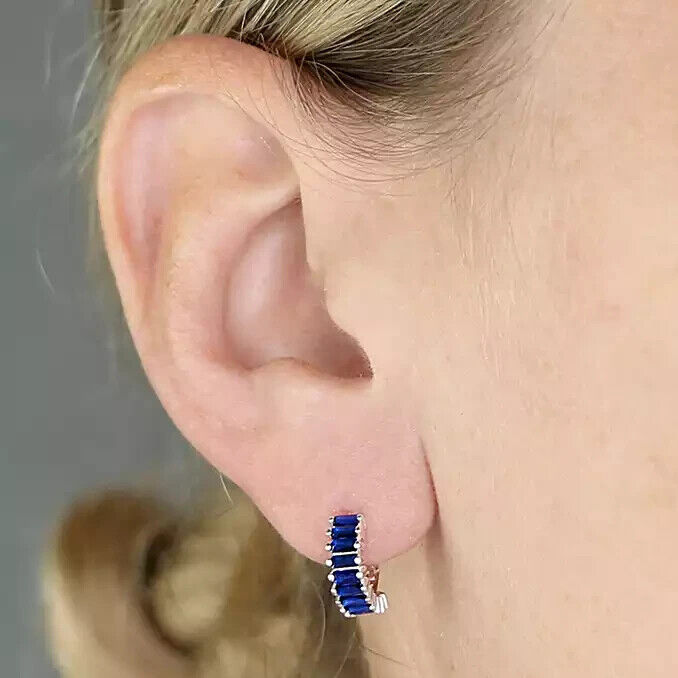 Men's Huggie Hoop Earring Blue Gemstone Baguette Cut Single Earring 925 Silver