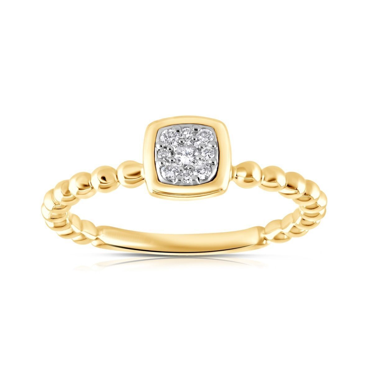 9ct Yellow Gold 0.10ct Real Diamond Beaded Shank Square Top Ring