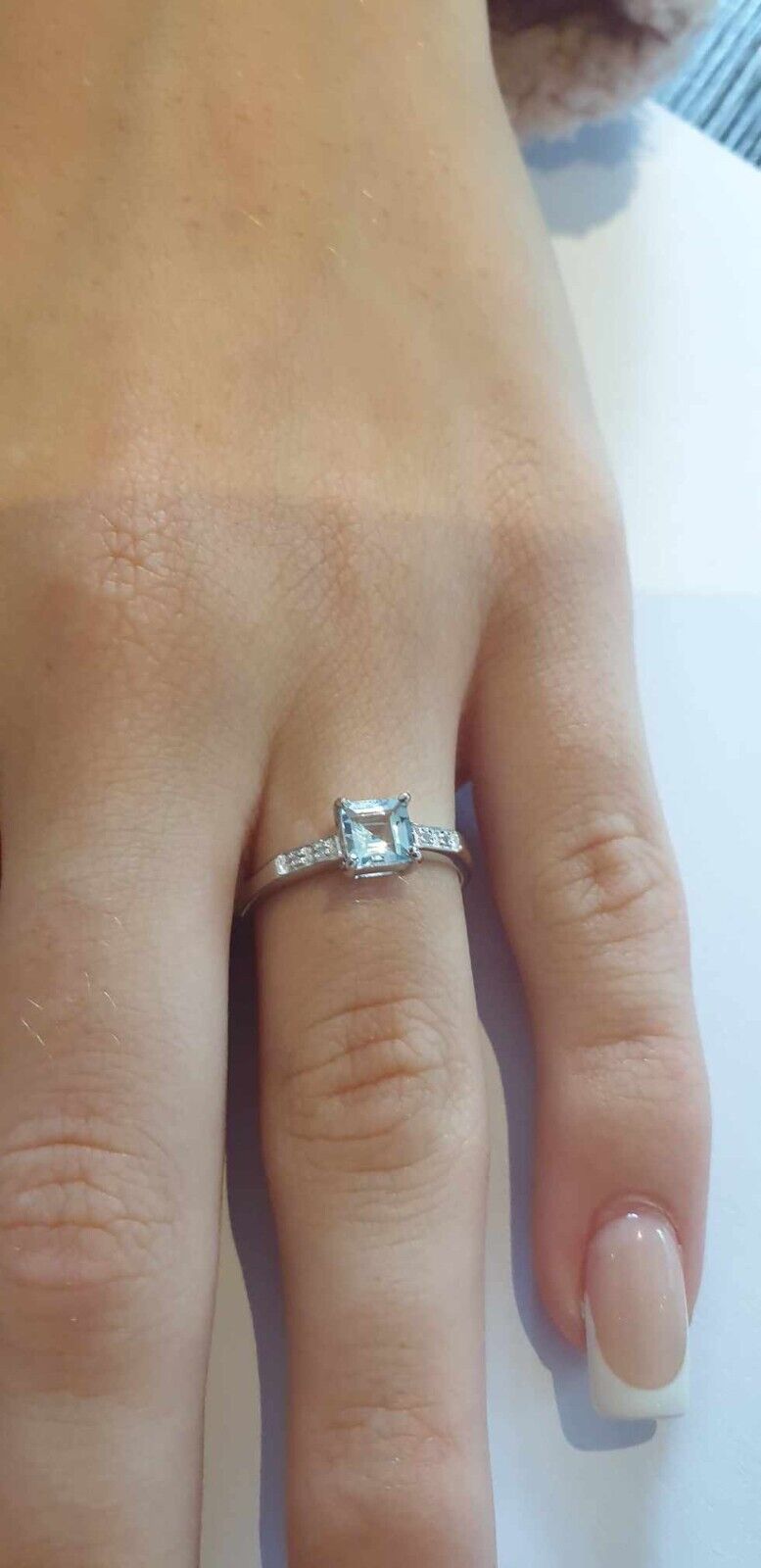 Aquamarine and Diamond Ring Solid 9ct White Gold Real Genuine Stones Size J - Q