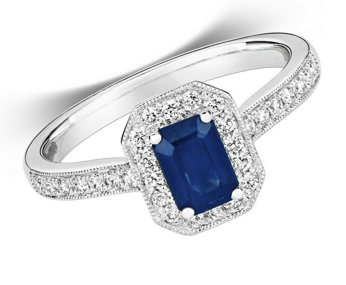 Real Sapphire and Diamond Ring 9ct White Gold Octagon Cluster Size J-Q