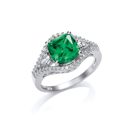 Emerald Cushion Cocktail Ring Solid Sterling Silver Platinum Plated 925 Hallmark