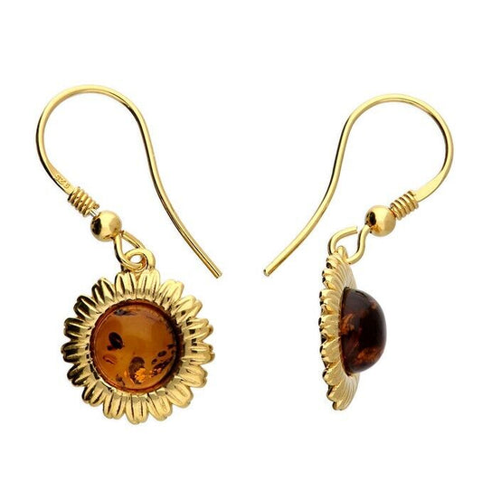 Cognac Amber Sunflower Drop Earrings 18ct Yellow Gold on Sterling Silver