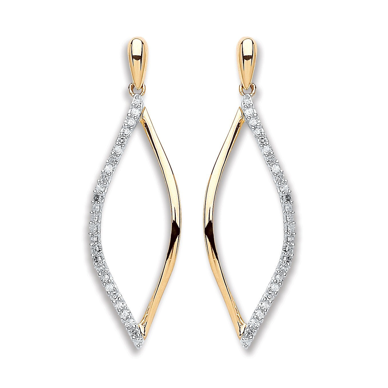 9ct Yellow Gold Leaf Drop 0.15ct Diamond Earrings 30mm Length Hallmarked