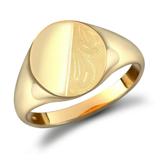 9ct Yellow Gold Gents Oval Signet Ring Half Engraved Hallmarked