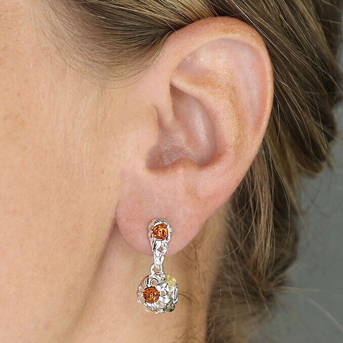Mixed Amber Flower Dome Drop Earrings Solid Sterling Silver 925