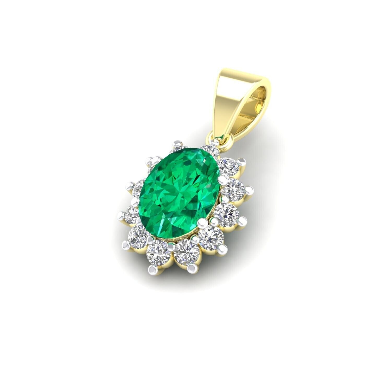 Emerald Oval Cluster Pendant Solid 9ct Yellow Gold 18" Chain Hallmarked