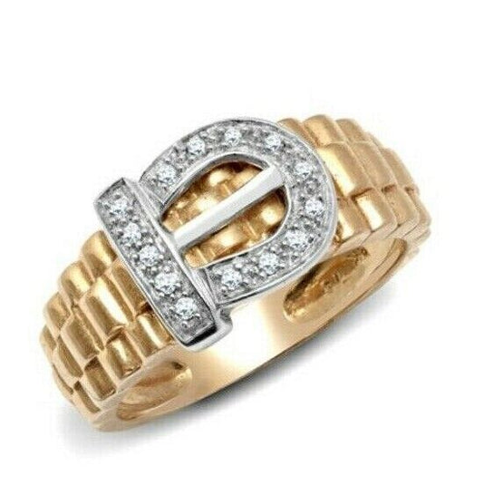 Gents Real Diamond Buckle Ring 9ct Yellow Gold Band Pinky Hallmarked