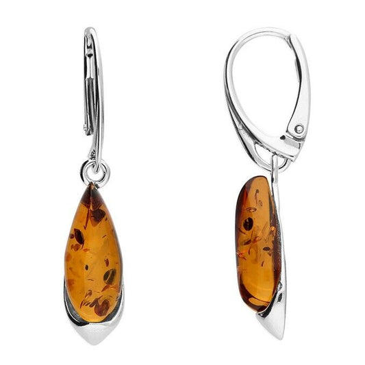 Cognac Amber Contemporary Teardrop Earrings Solid Sterling Silver 925