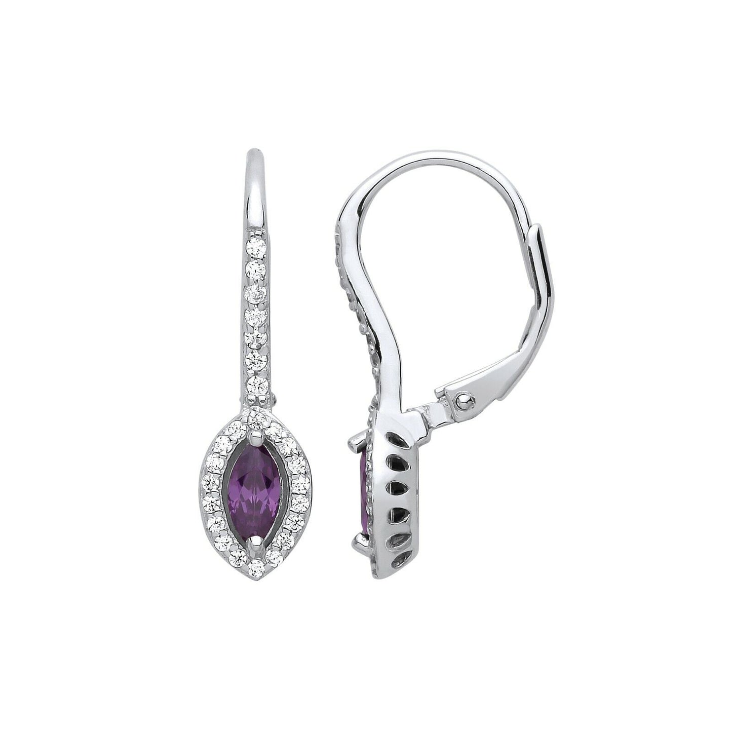 Amethyst Marquise Hoop Drop Earrings Sterling Silver Rhodium Plate 925 Hallmark