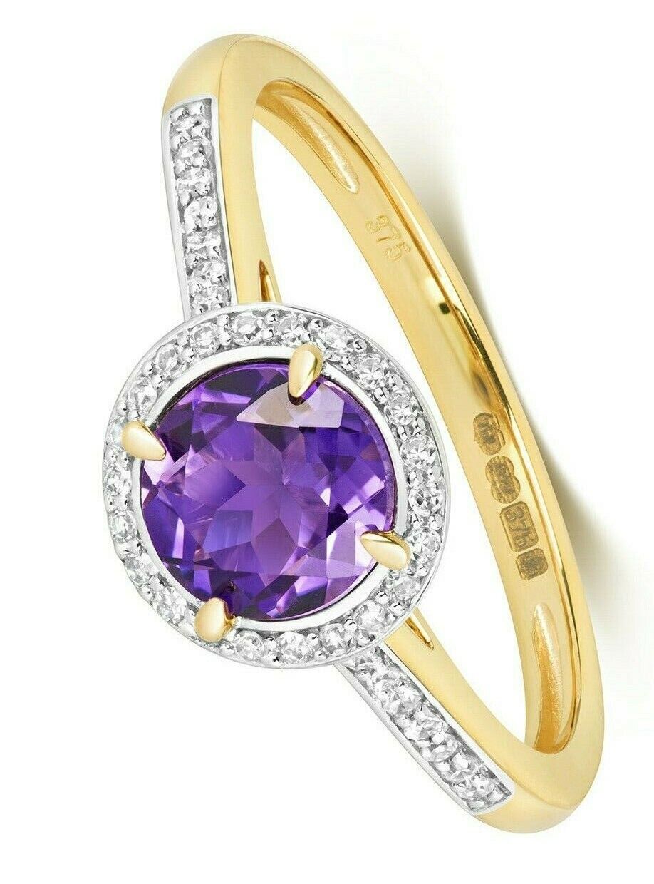 Real Amethyst and Diamond Ring Solid Yellow Gold Round Cluster Size J - Q